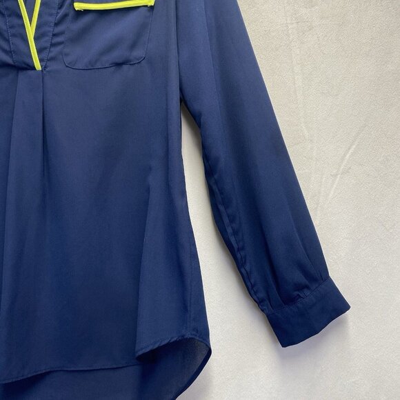 TOBI Semi Sheer Slit Crew Neck Long Sleeve Blouse Women Small Navy Hi-Lo Hem - Picture 16 of 16